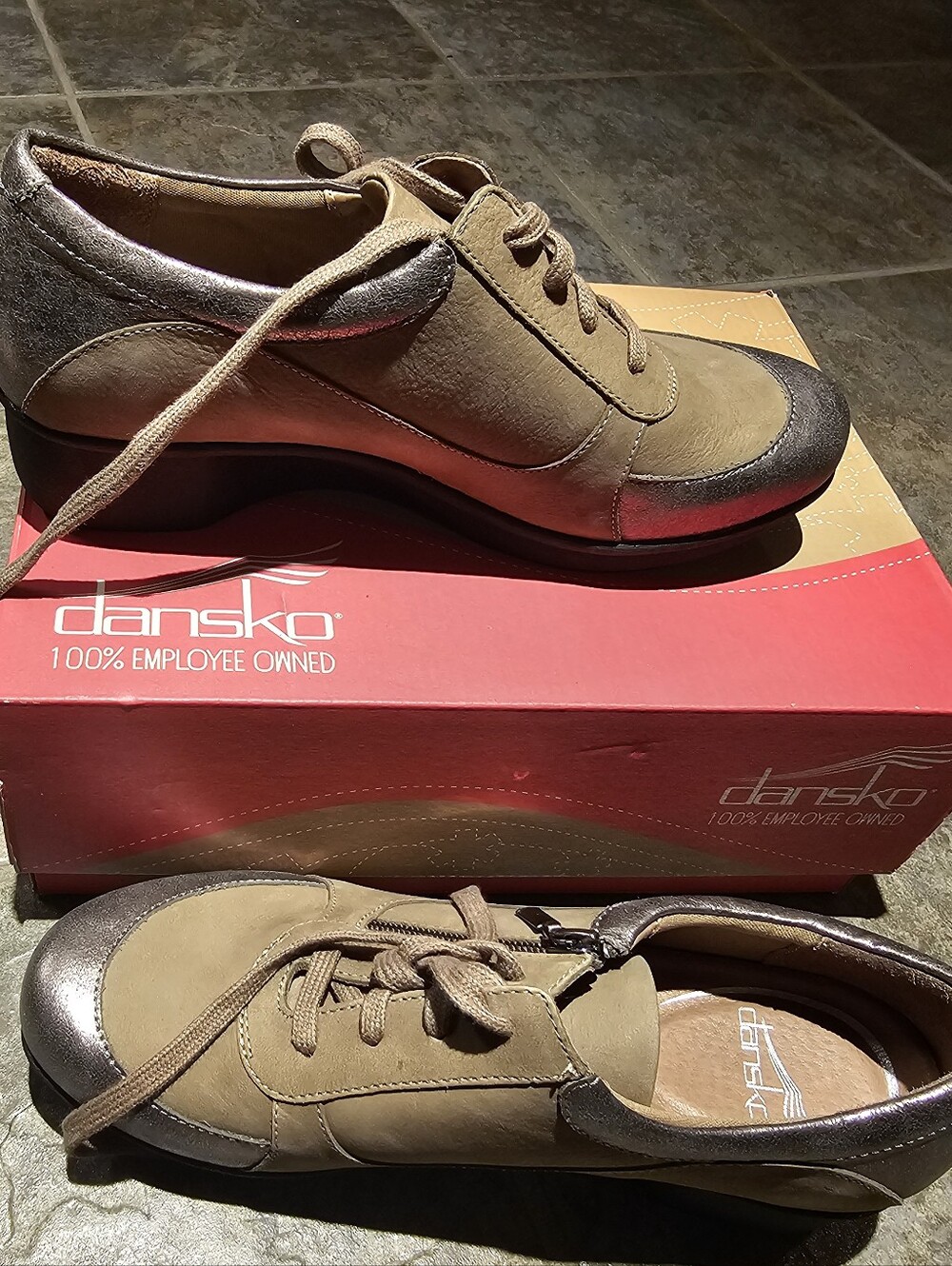 Dansko Taupe and Metallic Brown Women's Lace-Up Flats